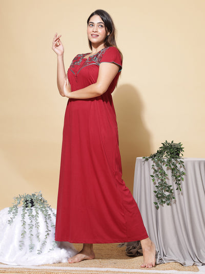 Cotton Blend Designer Nighty Maroon