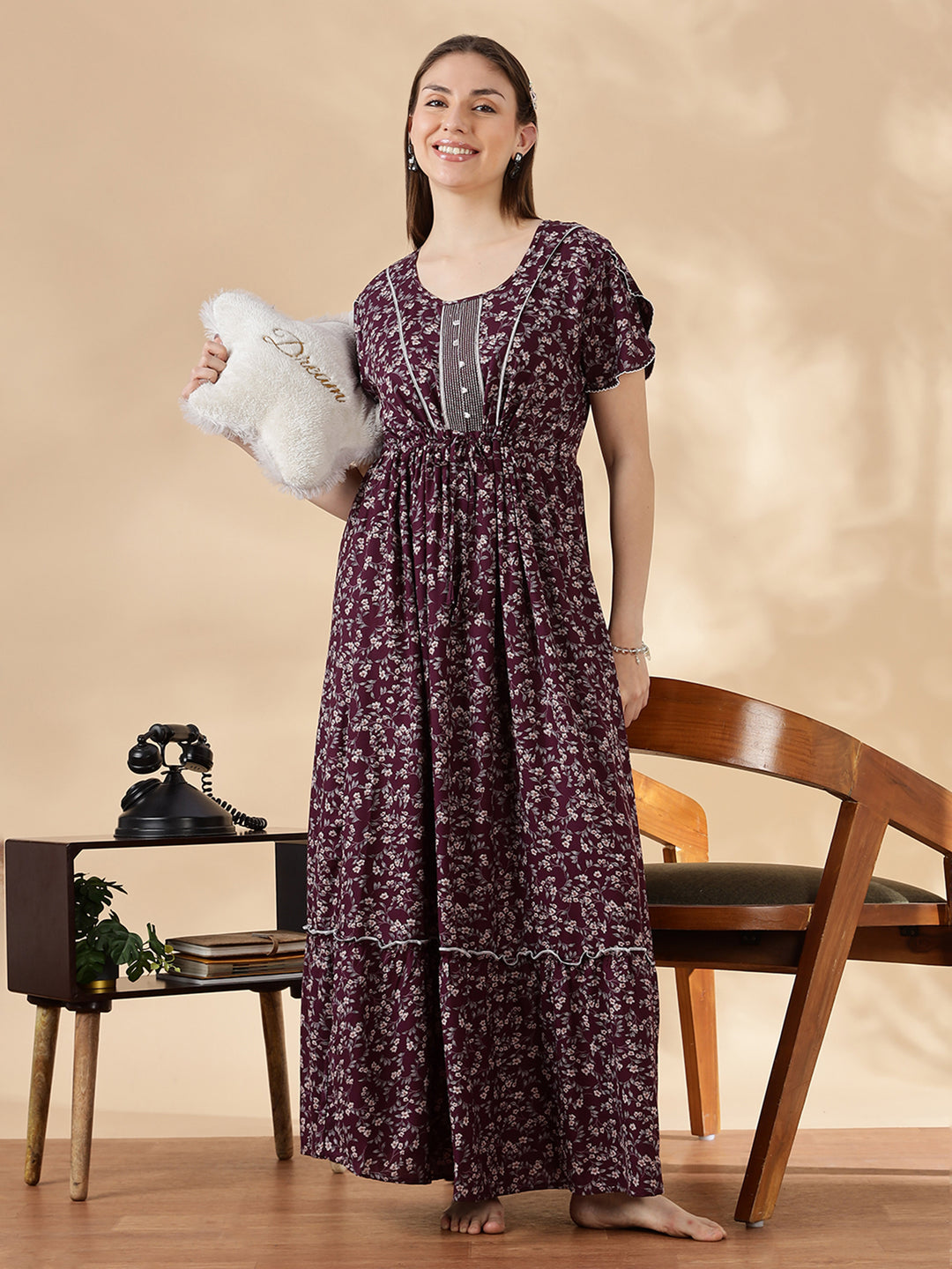 Wine Flora Micro Floral Frock Nighty with Embroidered Placket