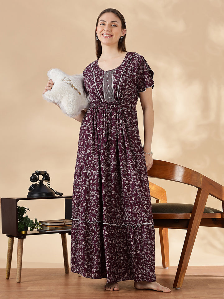 Wine Flora Micro Floral Frock Nighty with Embroidered Placket