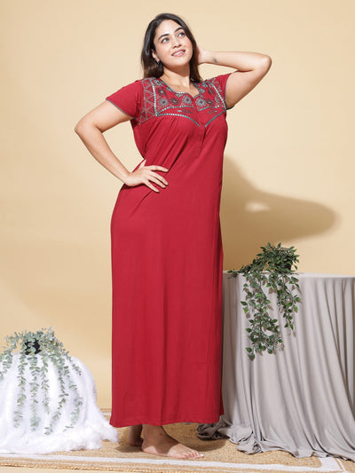 Cotton Blend Designer Nighty Maroon
