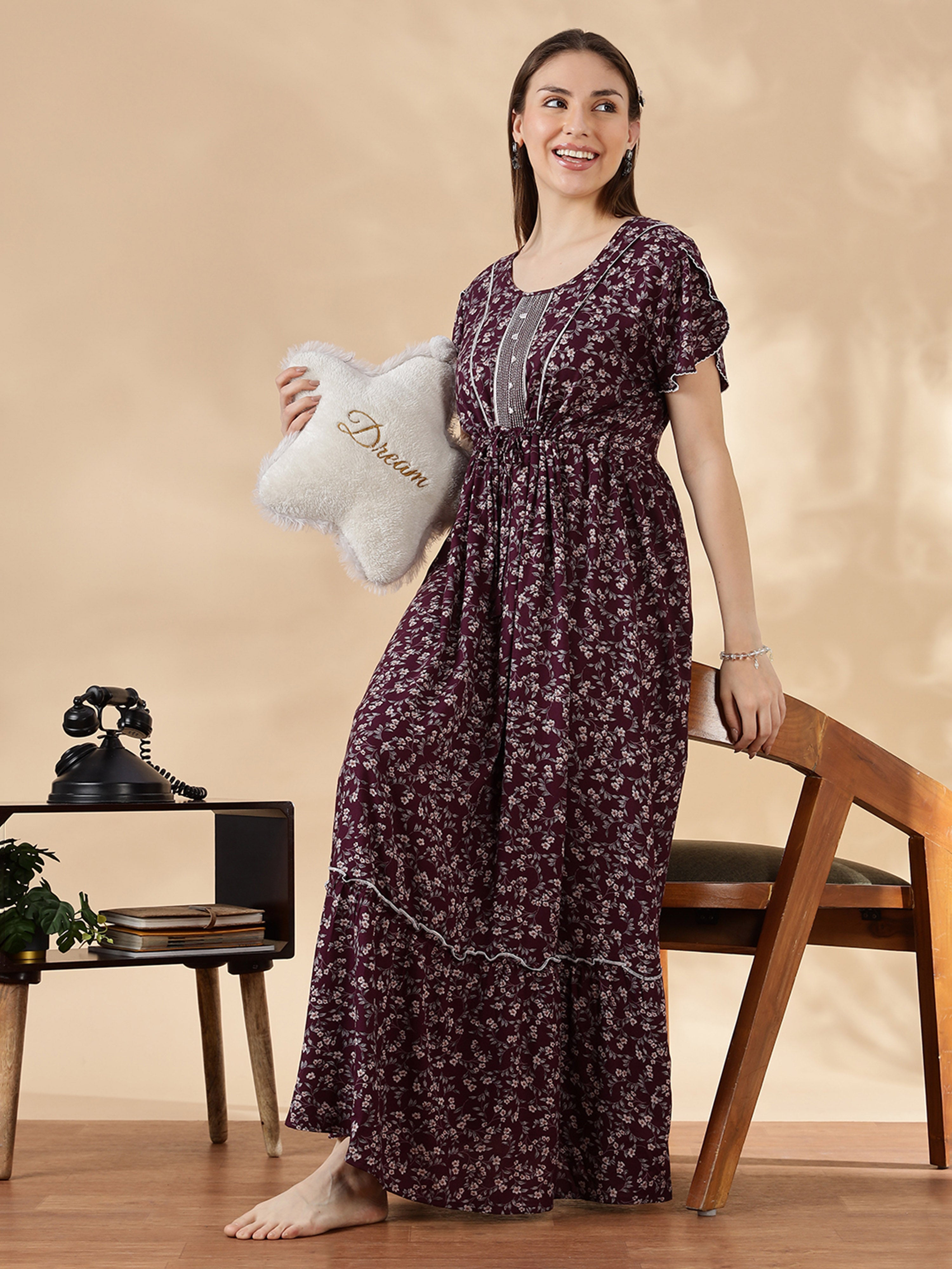 Get Wine Flora Alpine Frock Nighty with Drawstring Waist – 9shines