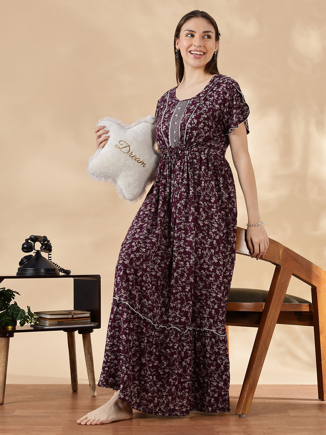 Wine Flora Micro Floral Frock Nighty with Embroidered Placket