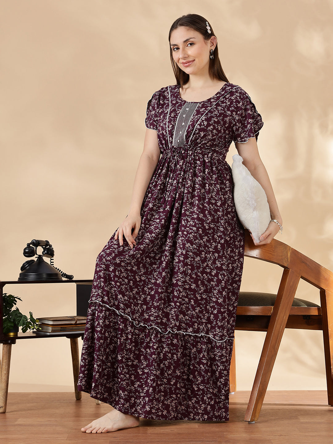 Wine Flora Micro Floral Frock Nighty with Embroidered Placket