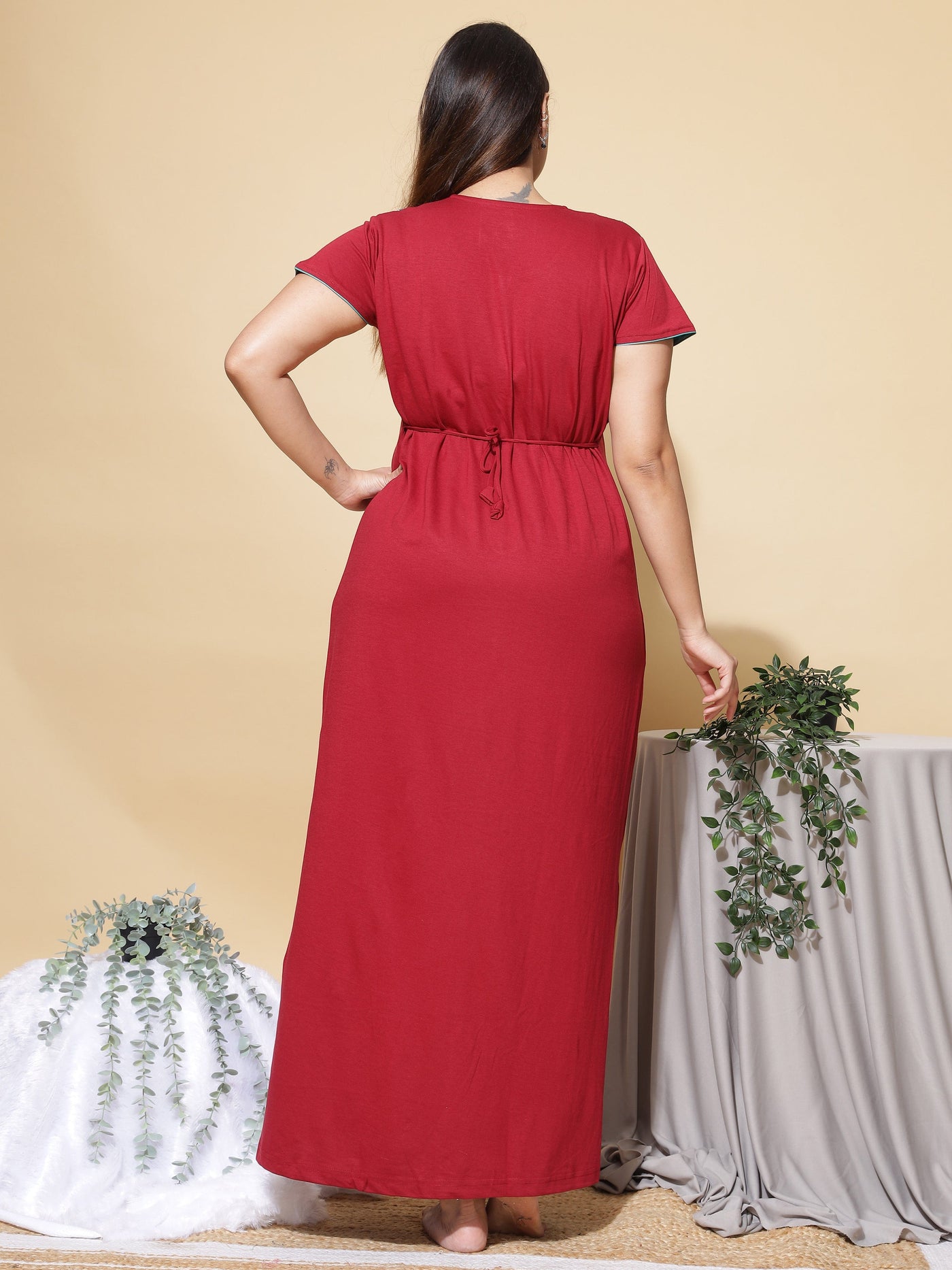 Cotton Blend Designer Nighty Maroon