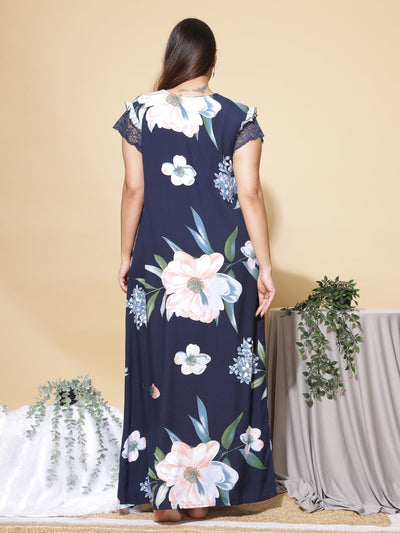 Rayon Designer Maxi Navy Blue Nighty