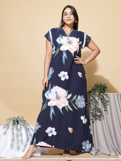 Rayon Designer Maxi Navy Blue Nighty