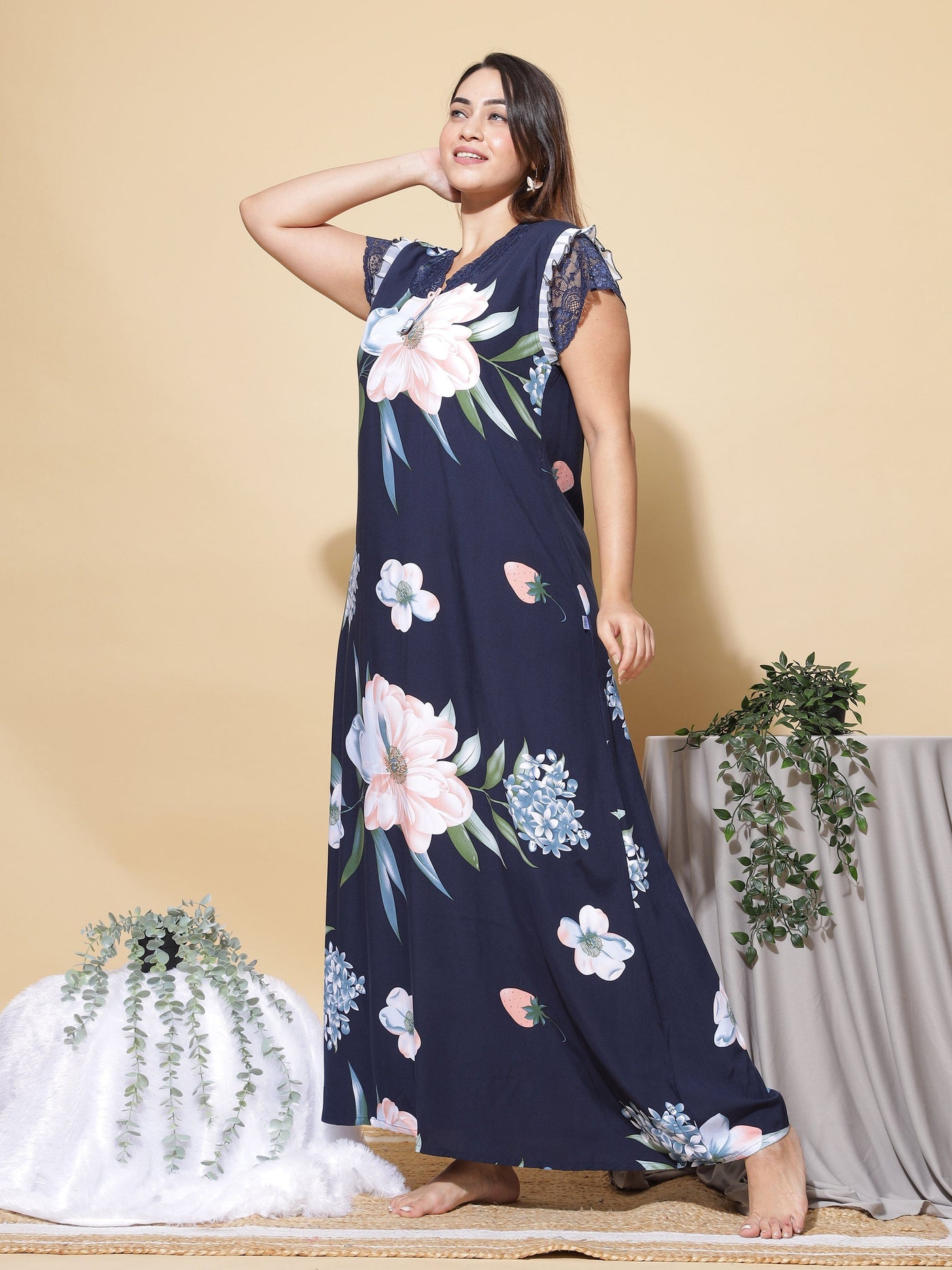 Rayon Designer Maxi Navy Blue Nighty