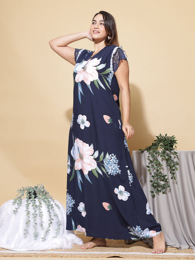 Rayon Designer Maxi Navy Blue Nighty