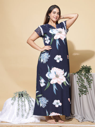 Rayon Designer Maxi Navy Blue Nighty