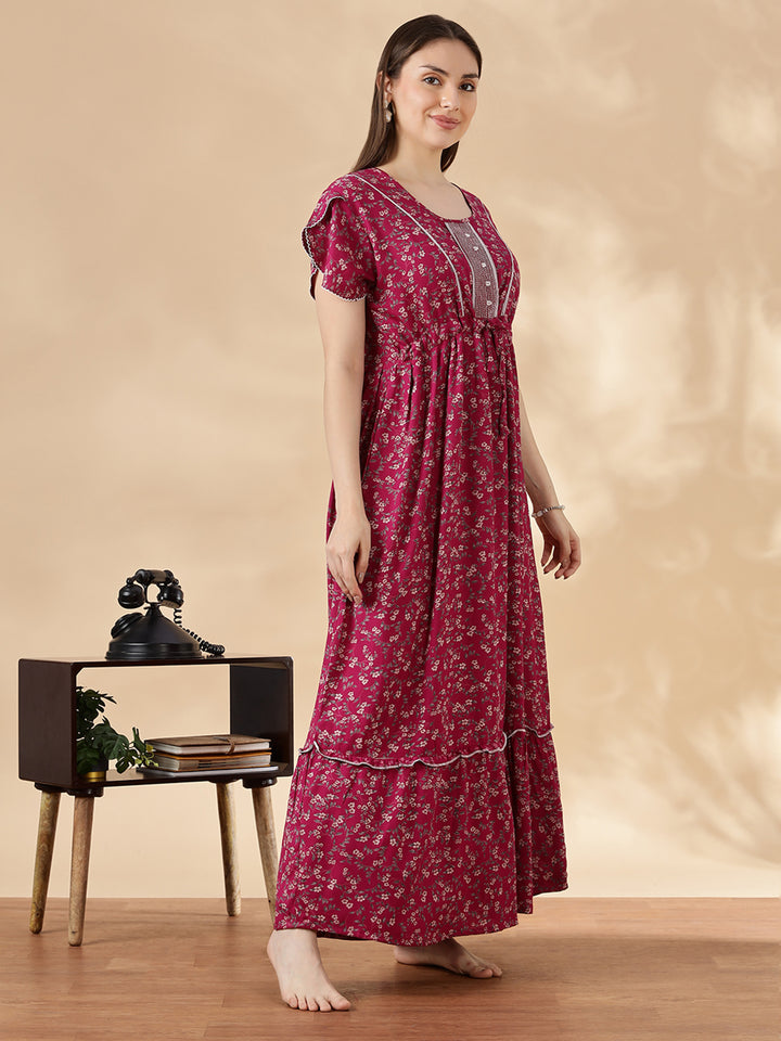 Pink Flora Micro Floral Frock Nighty with Drawstring Waist