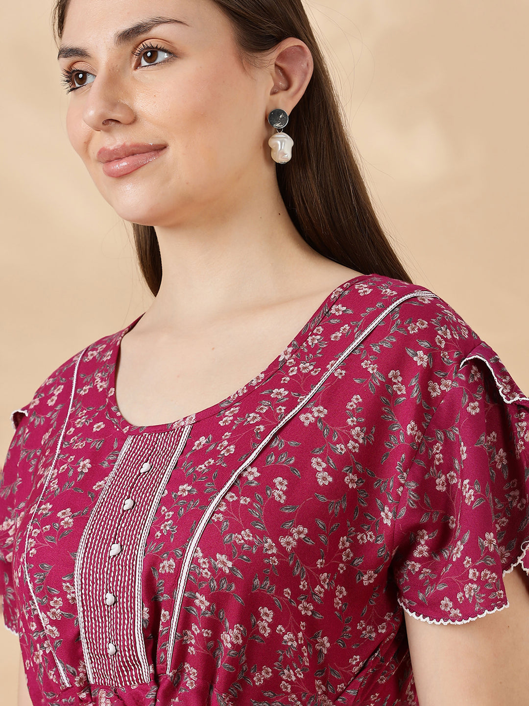 Pink Flora Micro Floral Frock Nighty with Drawstring Waist