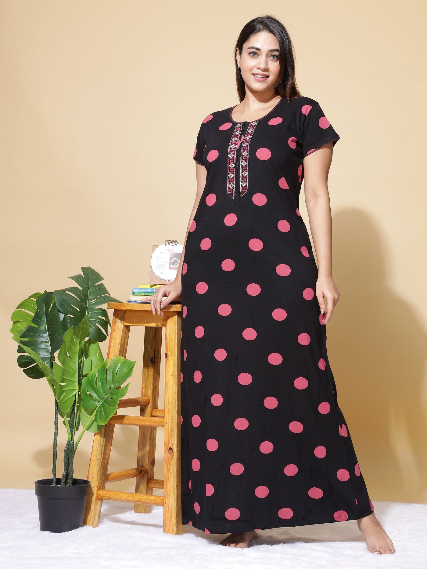 Hosiery Cotton Designer Nighty Black