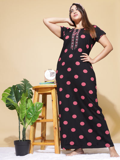 Hosiery Cotton Designer Nighty Black