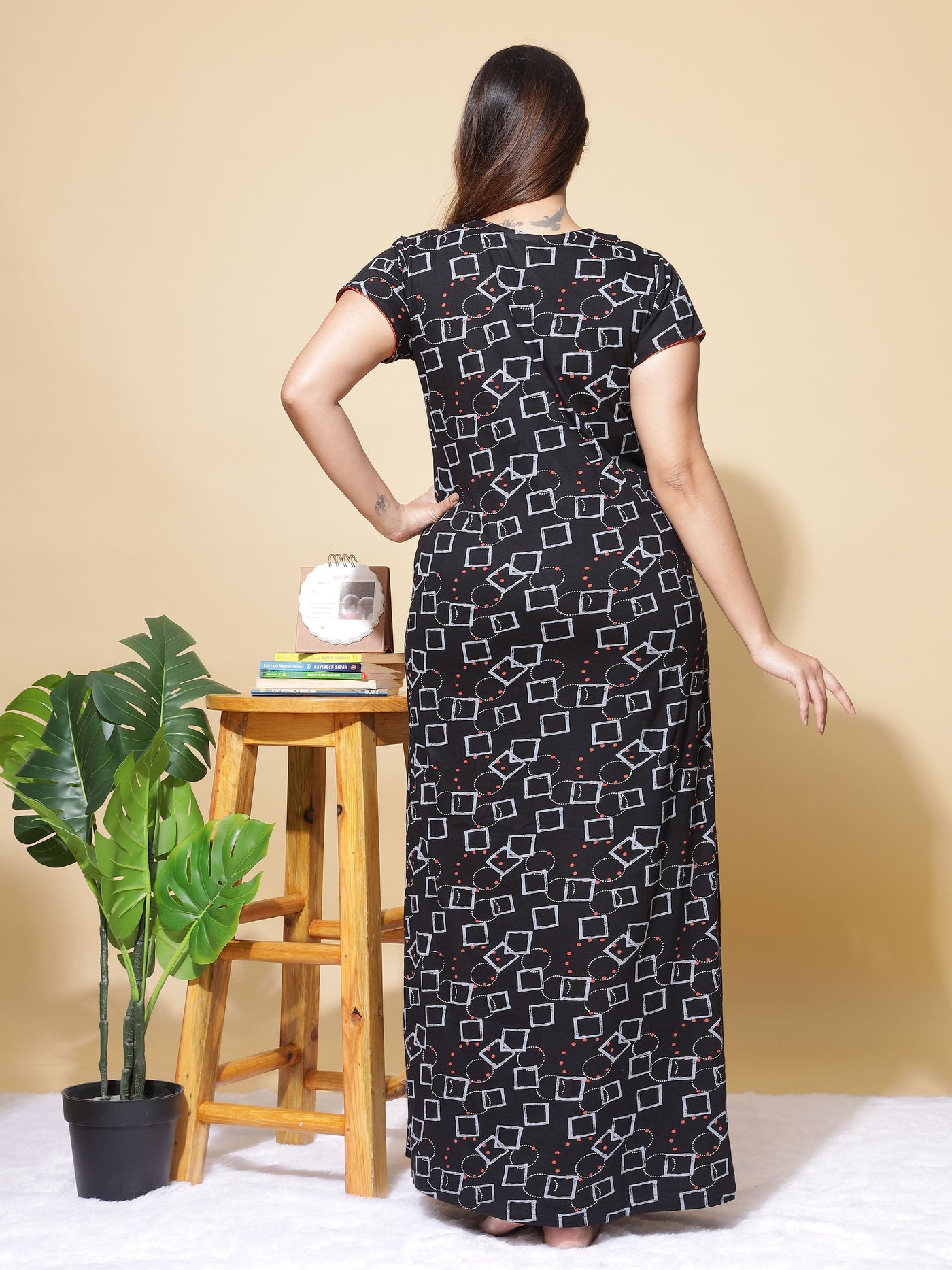 Hosiery Cotton Designer Maxi Black Nighty