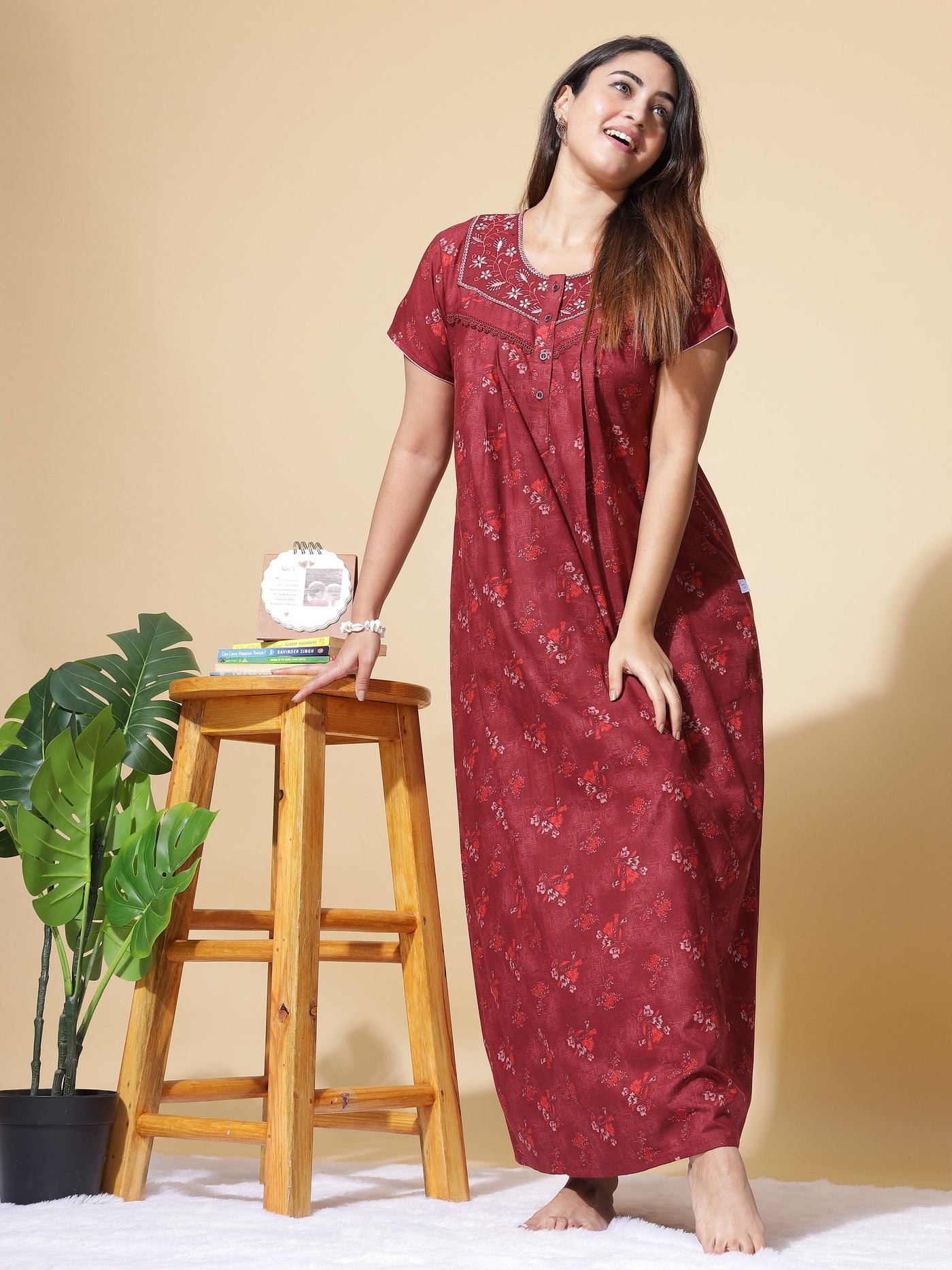 Polyester Viscose Designer Maroon Nighty