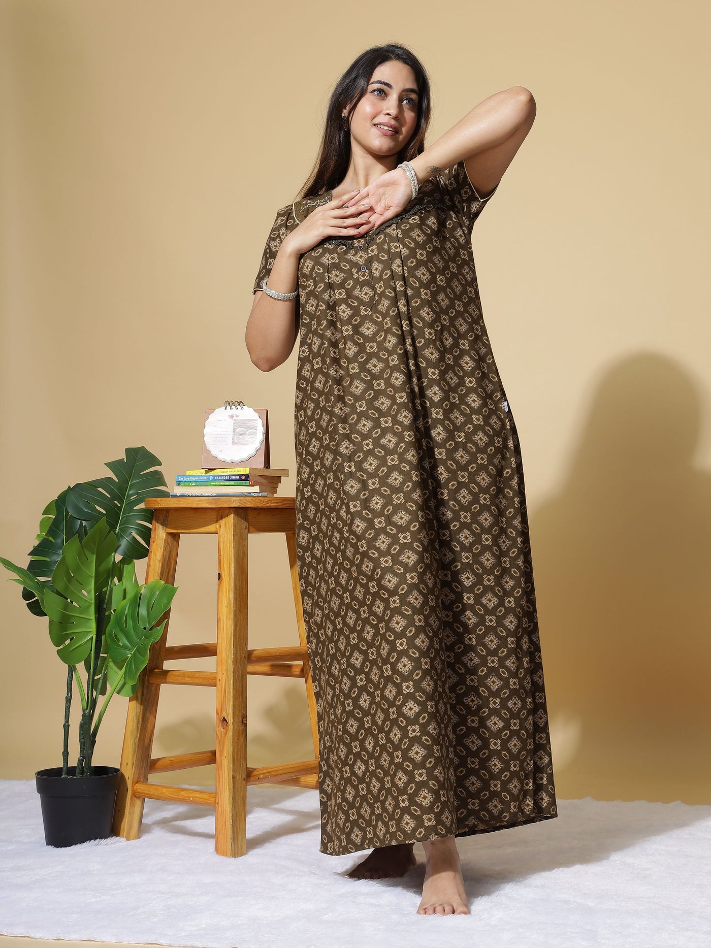 Polyester Viscose Designer Coffee Nighty