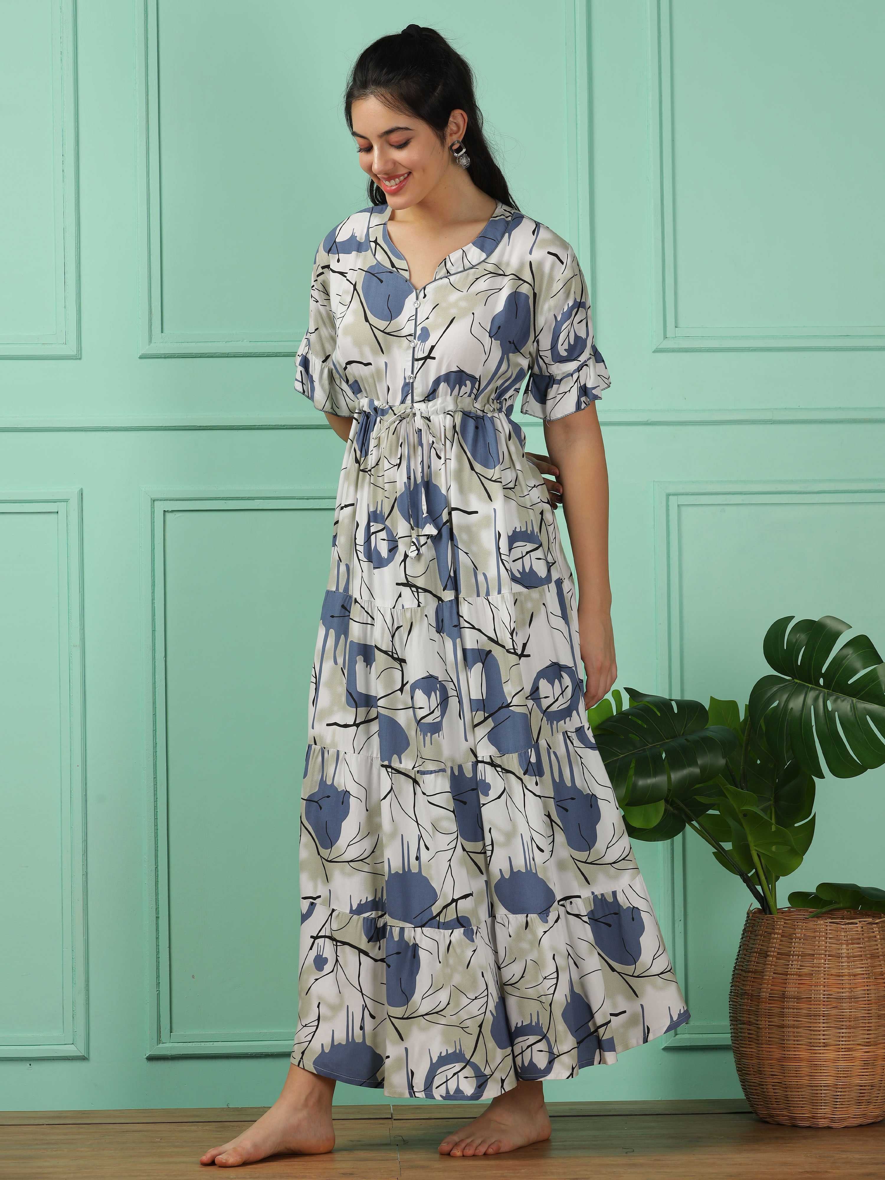 V-Neck Short Sleeves Blue Rayon Frock Style Nighties Online