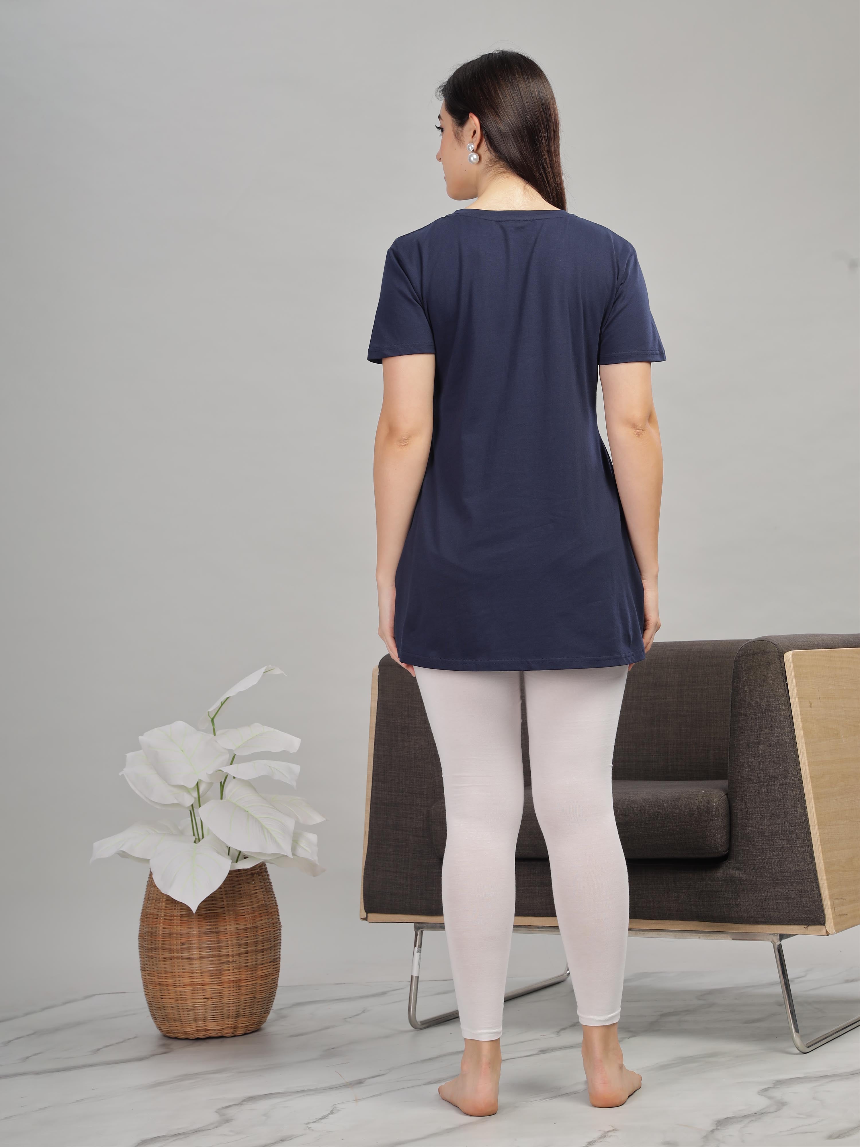 Purchase Navy Blue Cotton T-Shirt for Women Hip Length – 9shines label