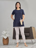 Navy Blue Long Cotton T-Shirt for Women with Side Slits