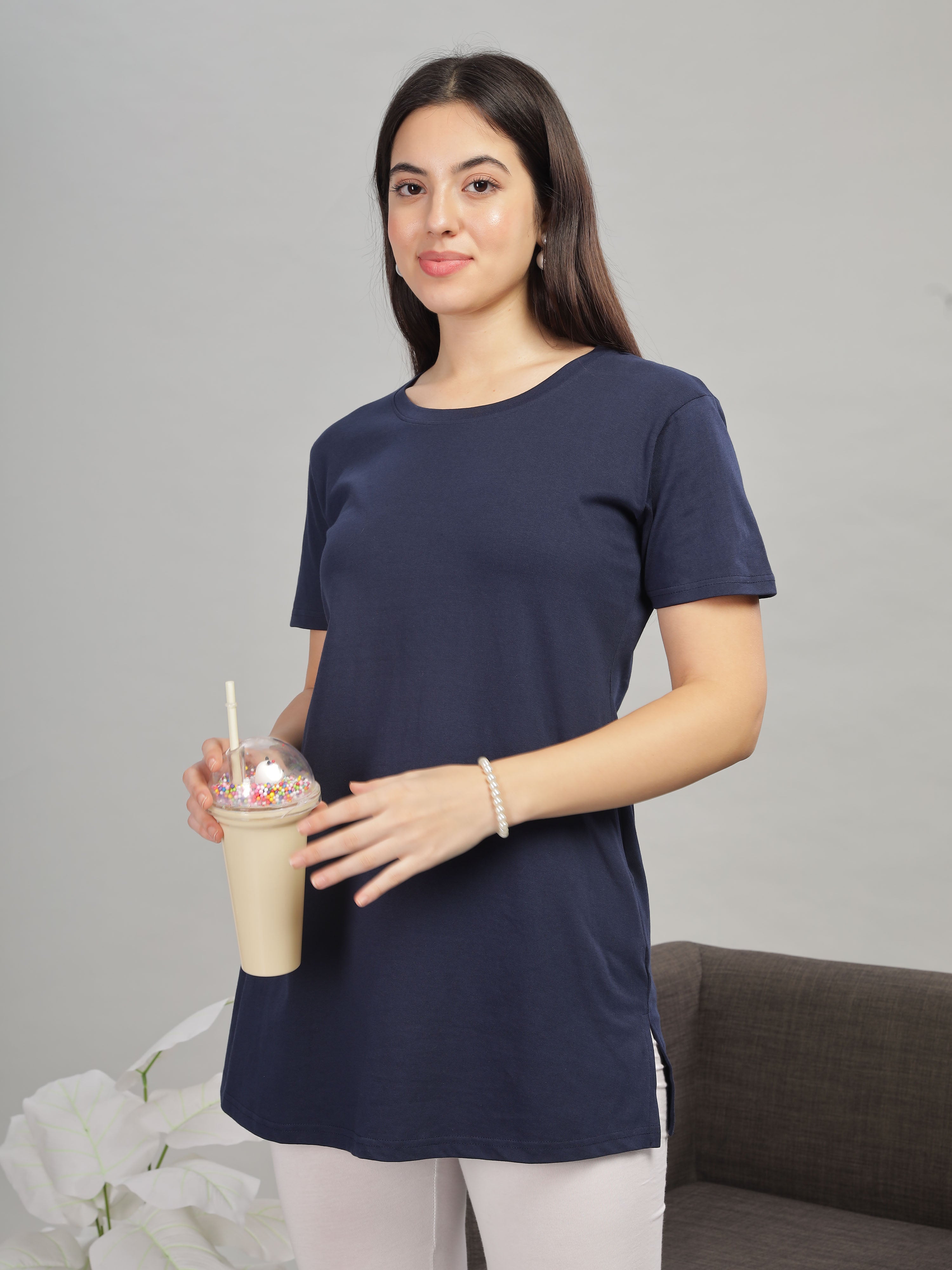 Purchase Navy Blue Cotton T-Shirt for Women Hip Length – 9shines label