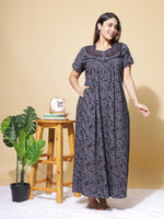 Crush Floral Embroidered Nighty for Women in Dark Blue Cotton Blend