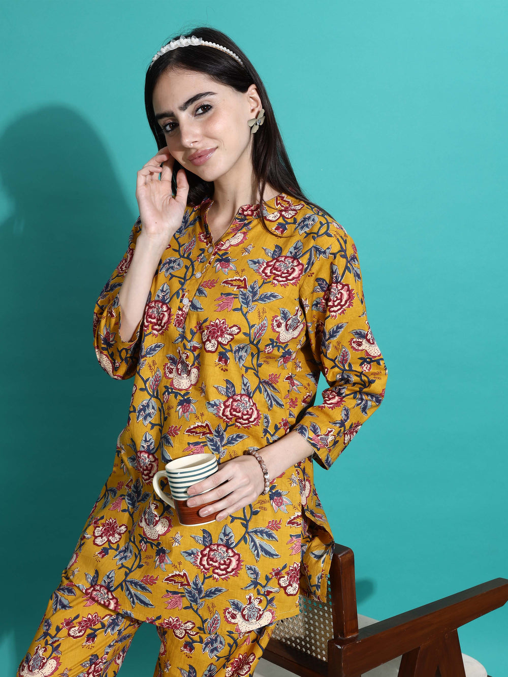 Cozy Mustard Yellow Floral Cotton Pajama Set for Women