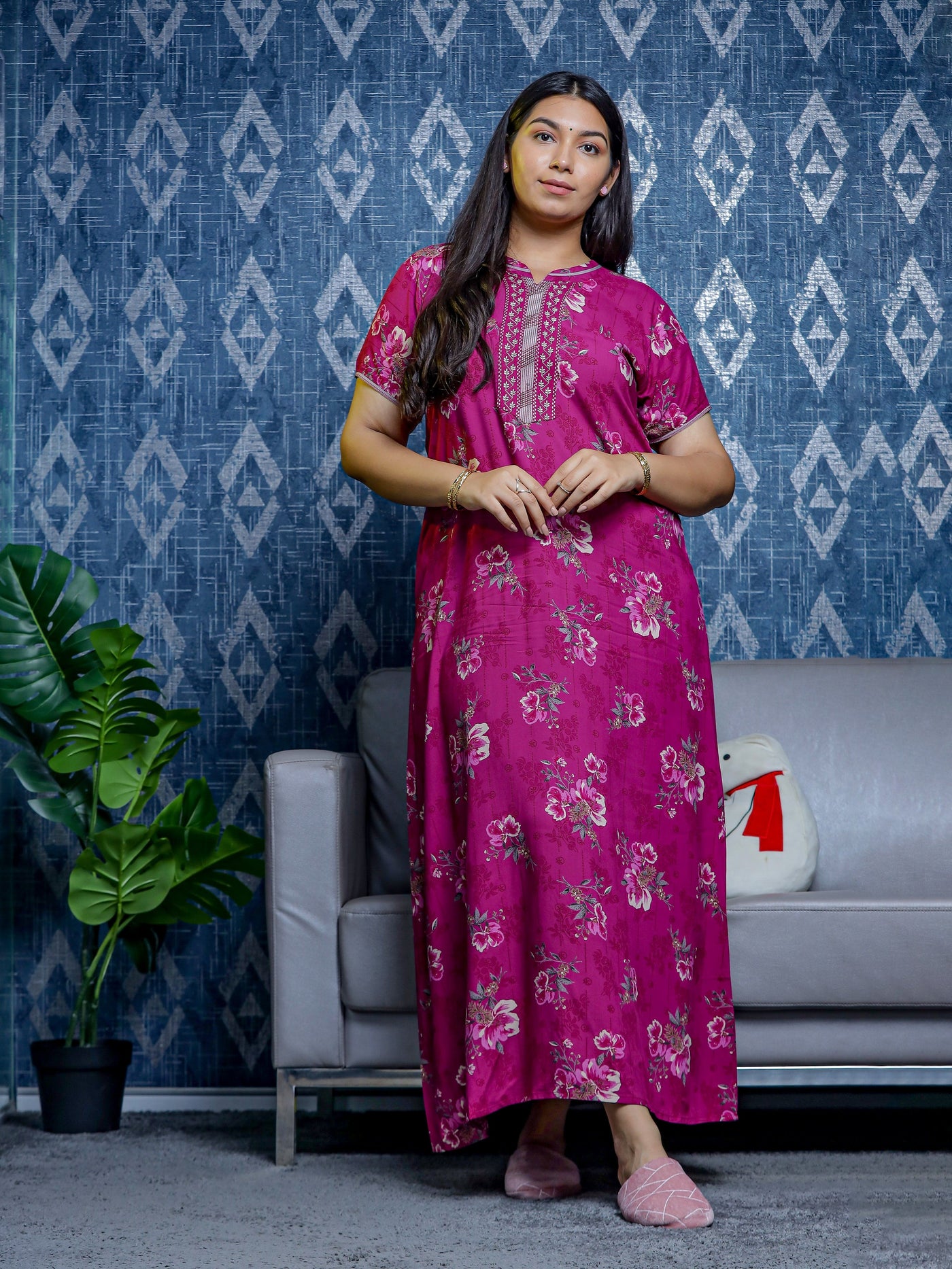 Viscose Designer Nighty Maroon
