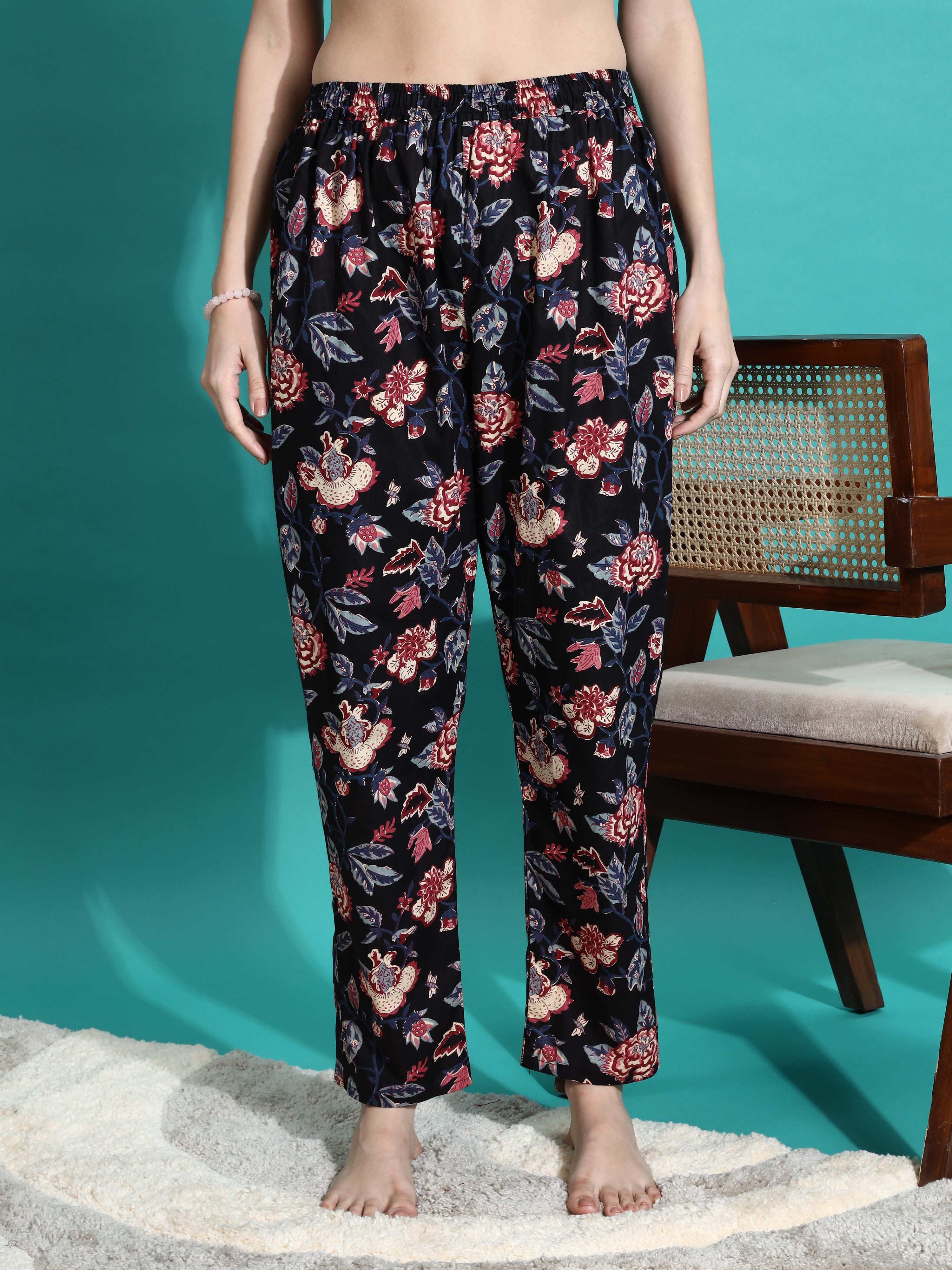 パンツ AMOMENTO FLORAL DRAWSTRING PAJAMA PANTS Buy Chic Midnight Black Printed Cotton Pajama Set for Women