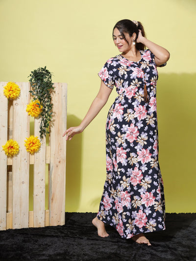 Rayon Designer Nighty Navy Blue