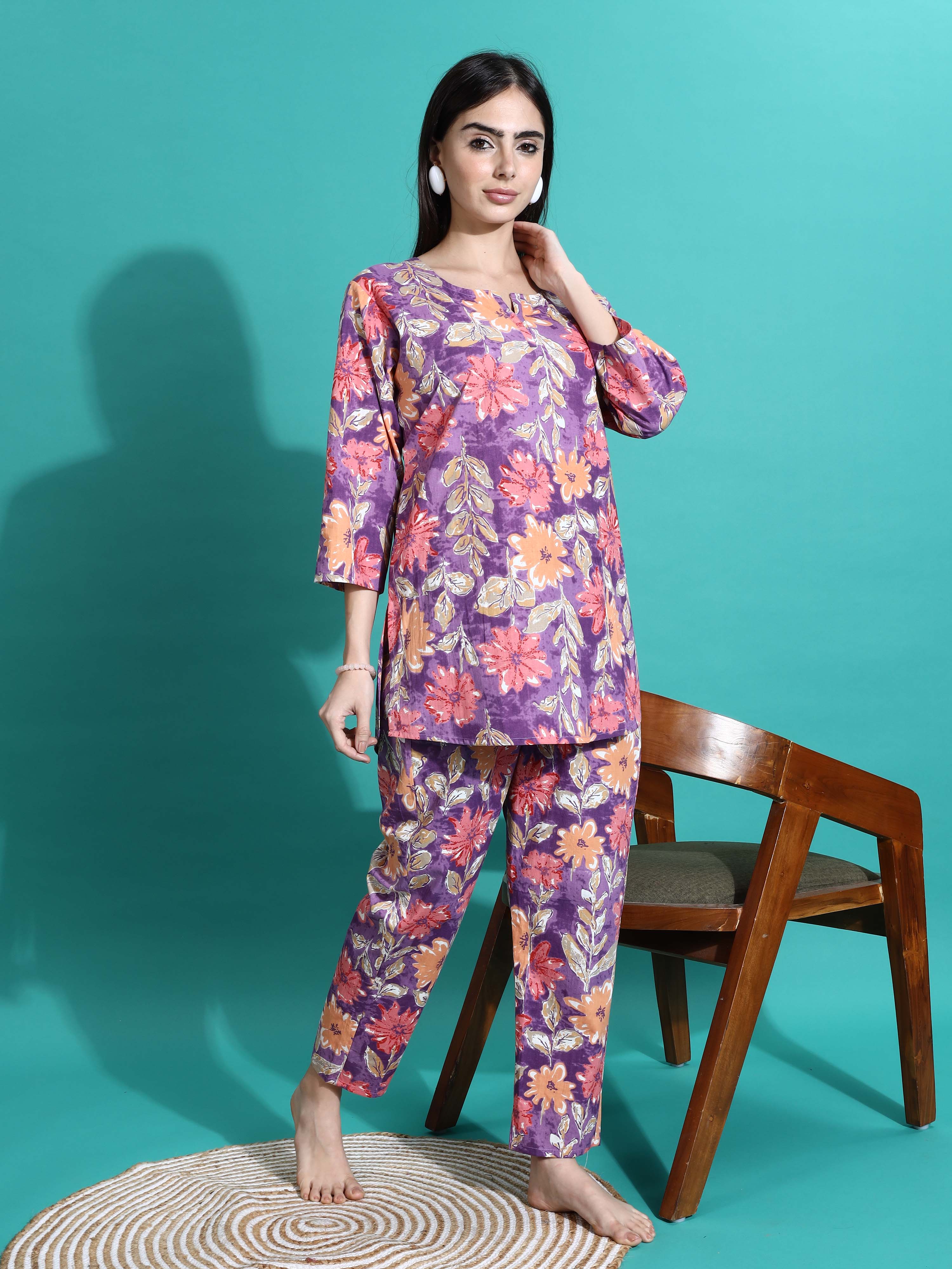 Buy Soft Purple Orange Cotton Pajama Set for Women Online