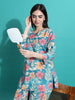 Teal Blue Printed Cotton Pajama Set for Women Cozy Nightwear