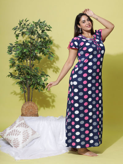 Hosiery Cotton Designer Maxi  Blue Pink Nighty