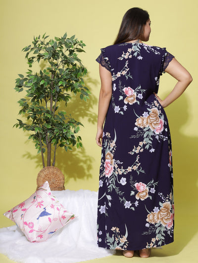 Rayon Designer Maxi Navy Blue Nighty