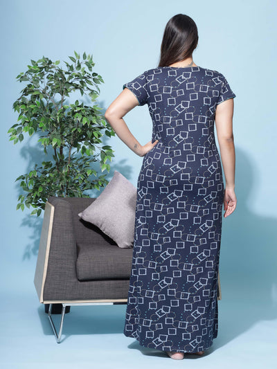 Hosiery Cotton Designer Maxi Navy Blue Nighty