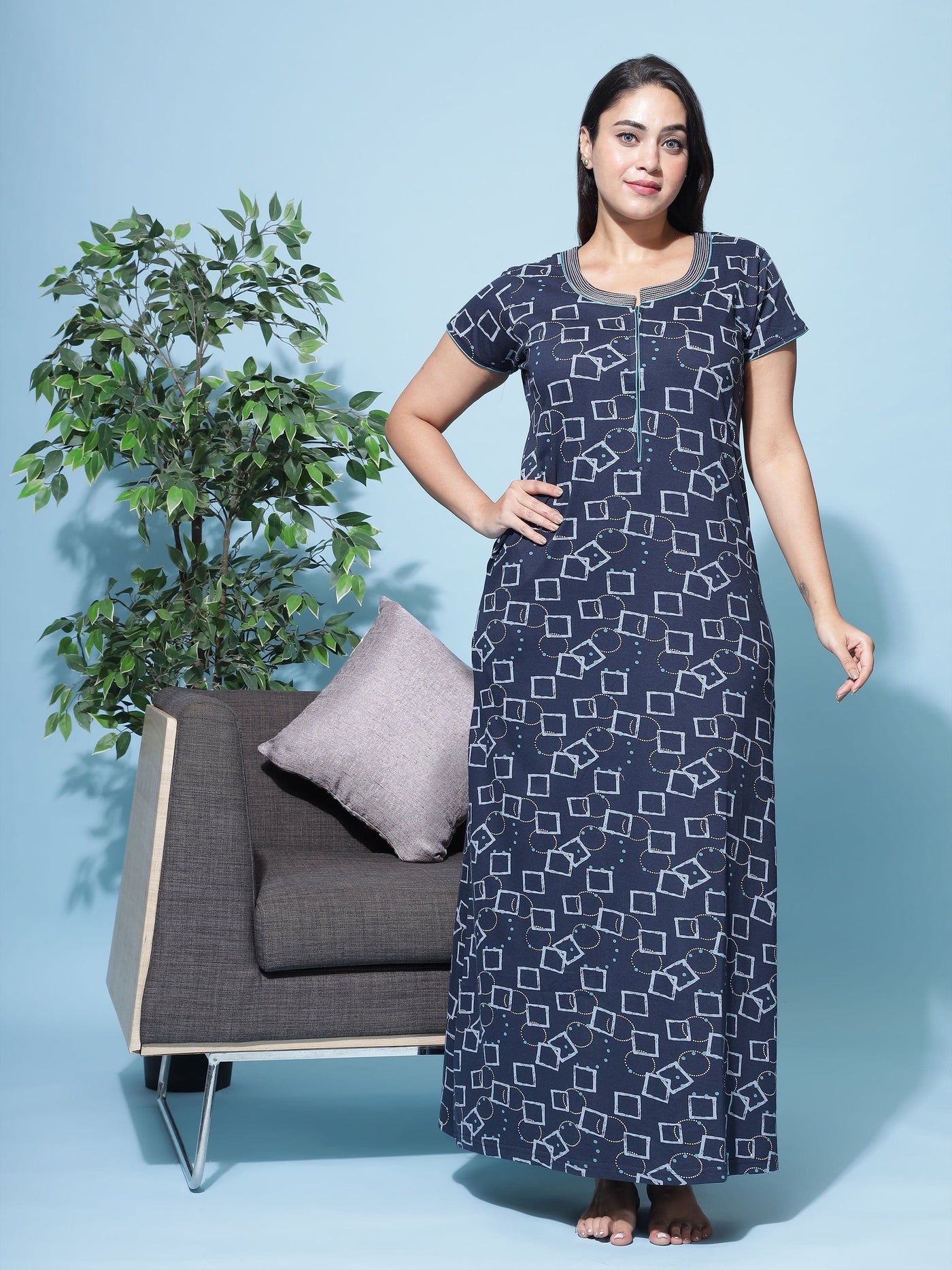 Hosiery Cotton Designer Maxi Navy Blue Nighty