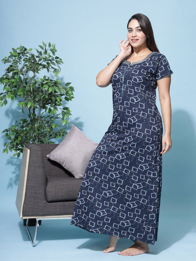 Hosiery Cotton Designer Maxi Navy Blue Nighty