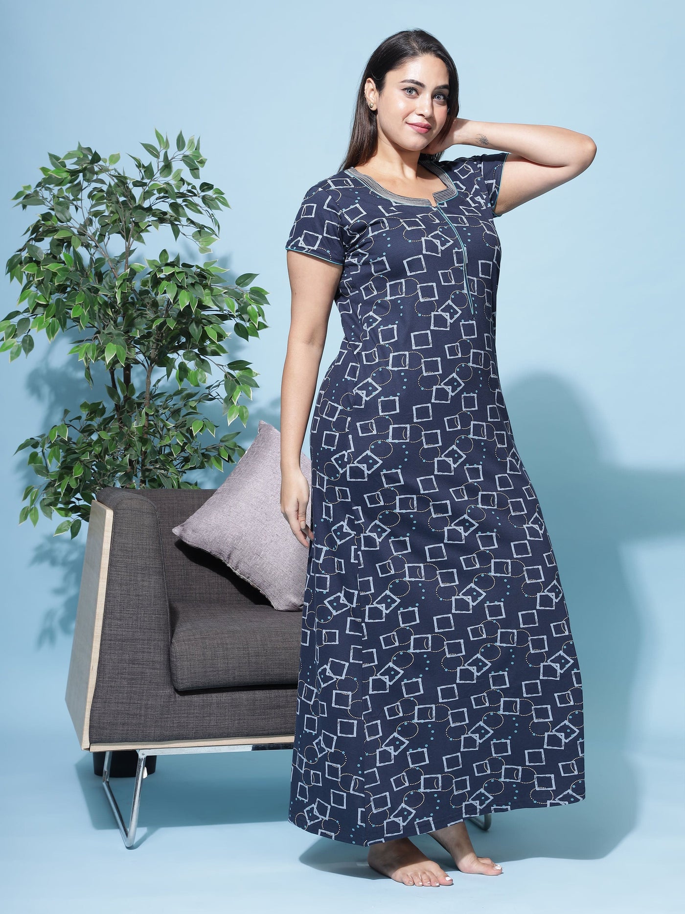 Hosiery Cotton Designer Maxi Navy Blue Nighty