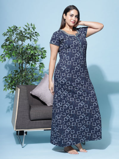Hosiery Cotton Designer Maxi Navy Blue Nighty