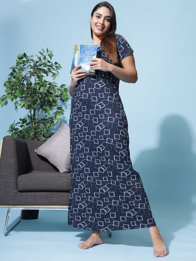 Hosiery Cotton Designer Maxi Navy Blue Nighty
