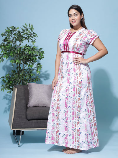 Hosiery Cotton Designer Maxi Pink Nighty