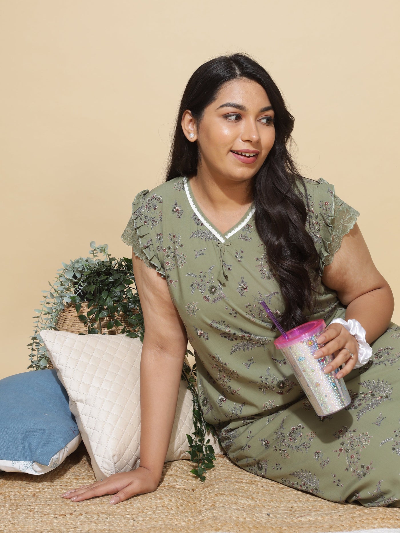 Viscose Designer Nighty Olive Green