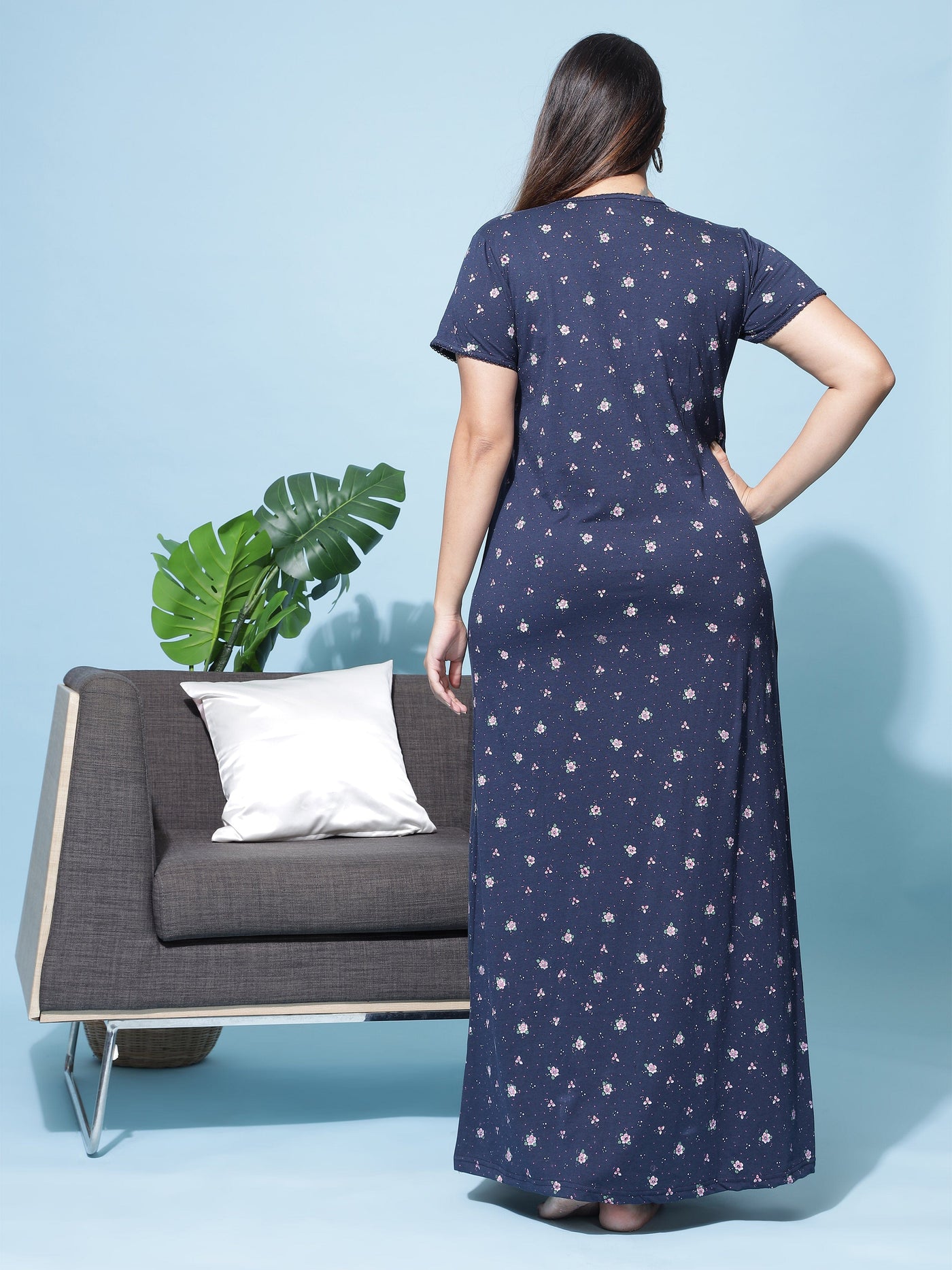 Cotton Blend Maternity Feeding Nighty Turqish Blue