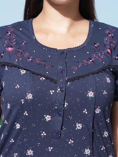 Cotton Blend Maternity Feeding Nighty Turqish Blue