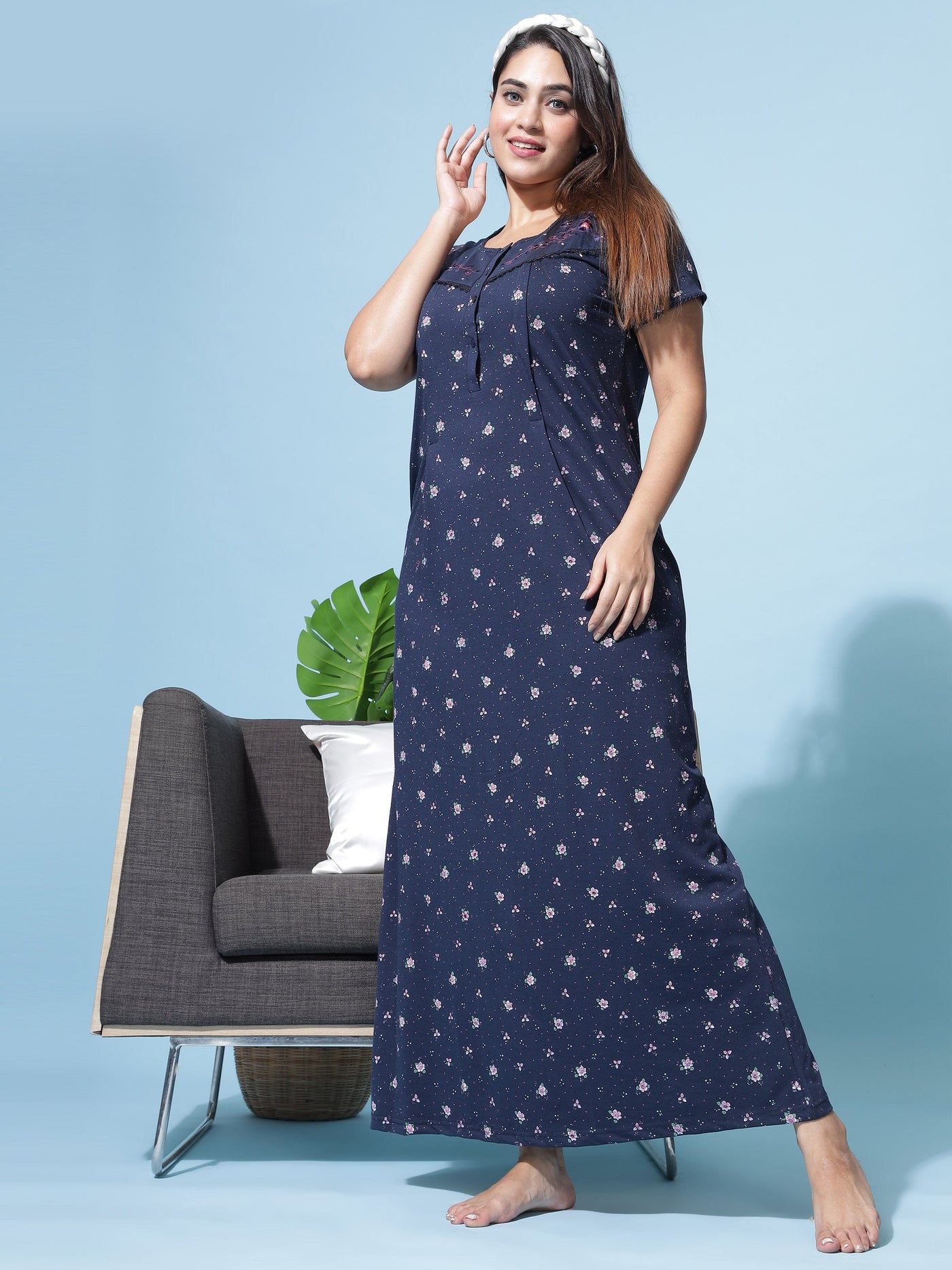 Cotton Blend Maternity Feeding Nighty Turqish Blue