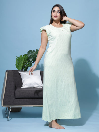 Hosiery Cotton Designer Maxi Light Green Nighty