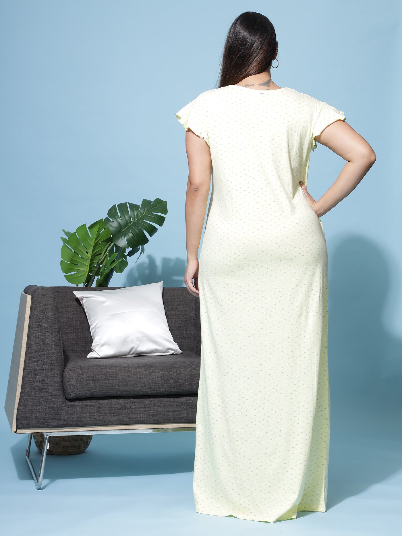Hosiery Cotton Designer Maxi Light Yellow Nighty