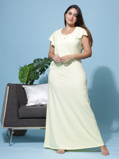 Hosiery Cotton Designer Maxi Light Yellow Nighty