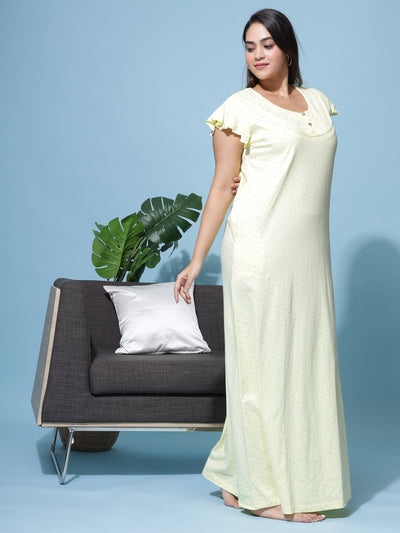 Hosiery Cotton Designer Maxi Light Yellow Nighty