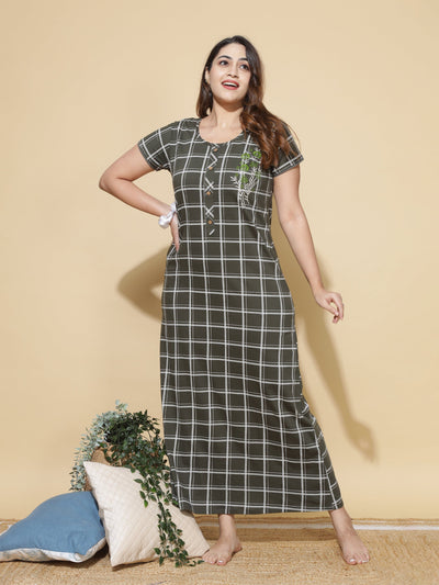 Hosiery Cotton Designer Bottle Green Nighty