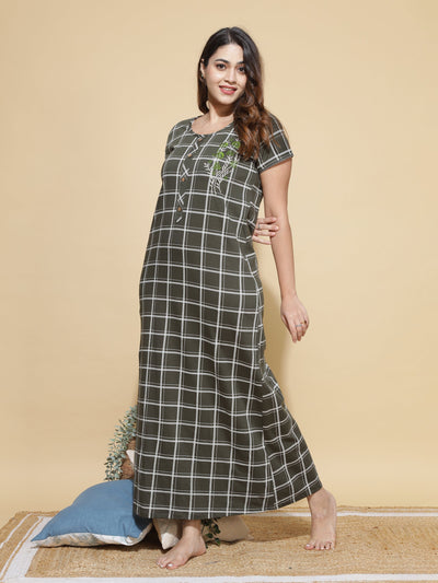 Hosiery Cotton Designer Bottle Green Nighty